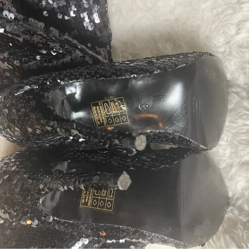 Yoki thigh high Black Sequins heels Boots side zipper SZ8